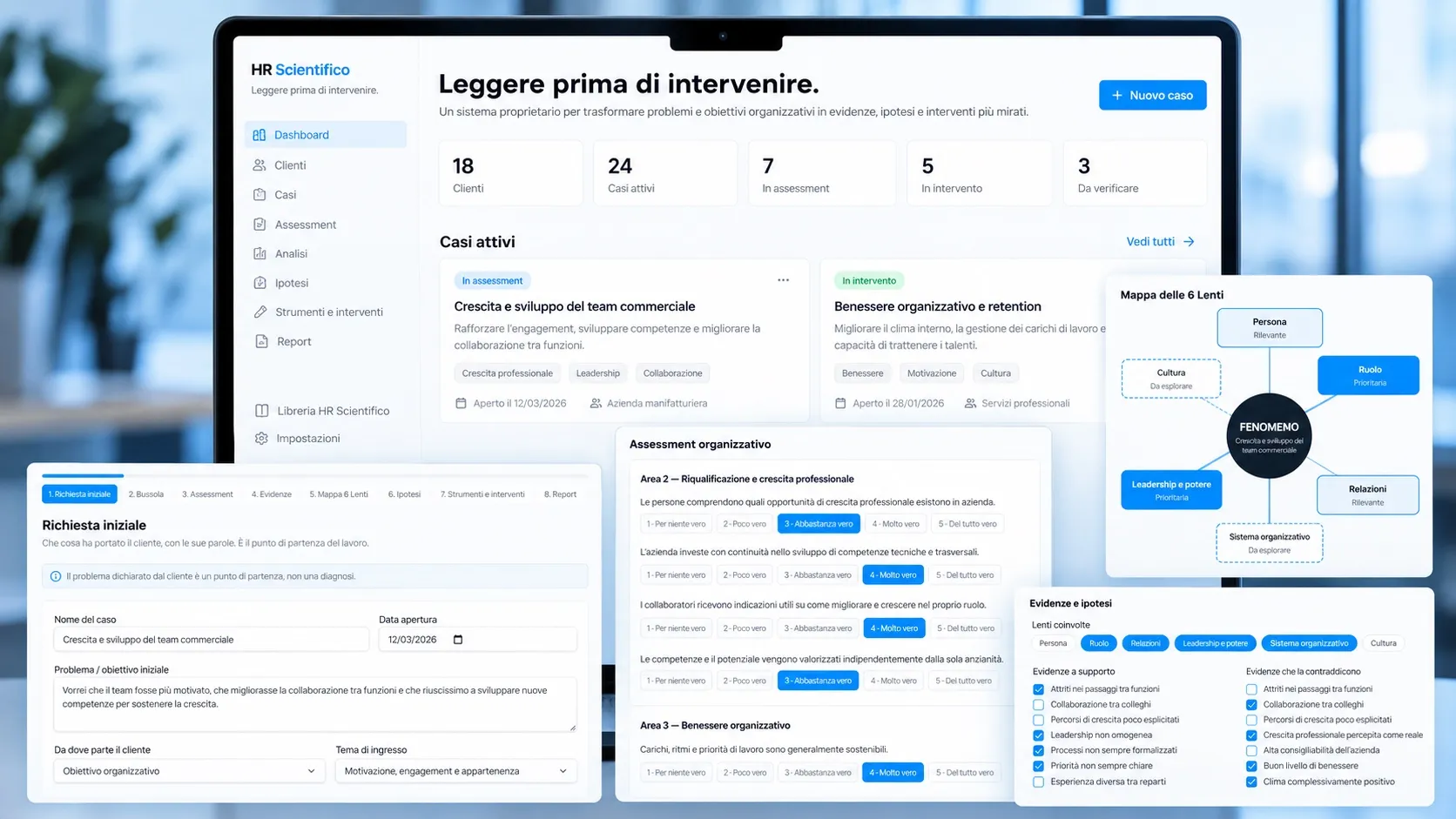 Schermate del sistema digitale di HR Scientifico: dashboard dei casi attivi, assessment organizzativo, mappa delle 6 Lenti ed evidenze a supporto delle ipotesi.