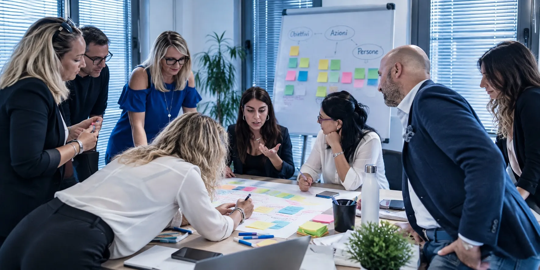 Un gruppo di lavoro attorno a un tavolo coperto di post-it colorati, davanti a una lavagna con obiettivi, azioni e persone.